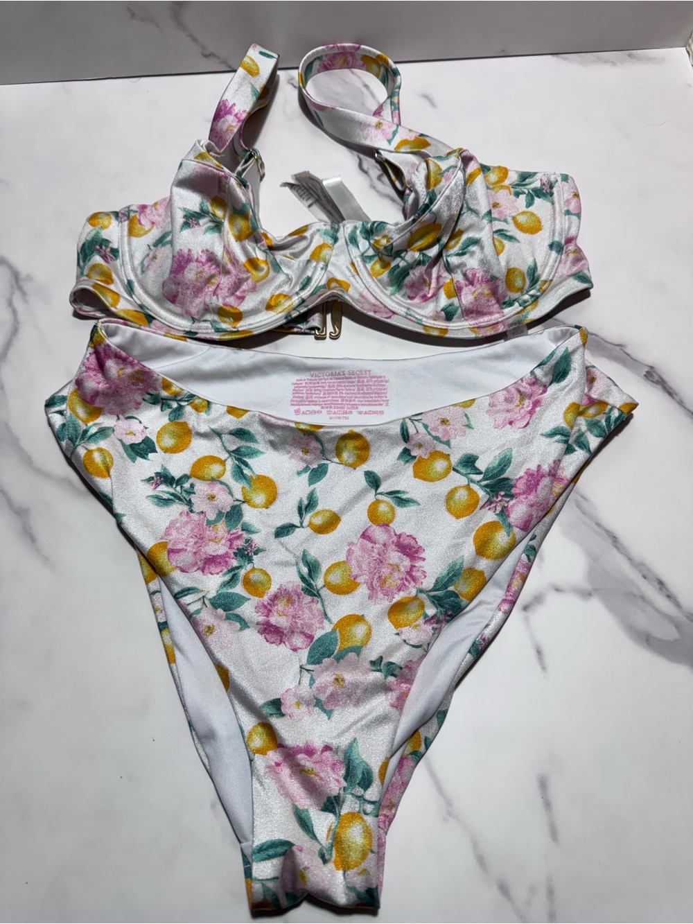 Floral Lemon Print two-Piece Swim Set - White with Pink & Yellow